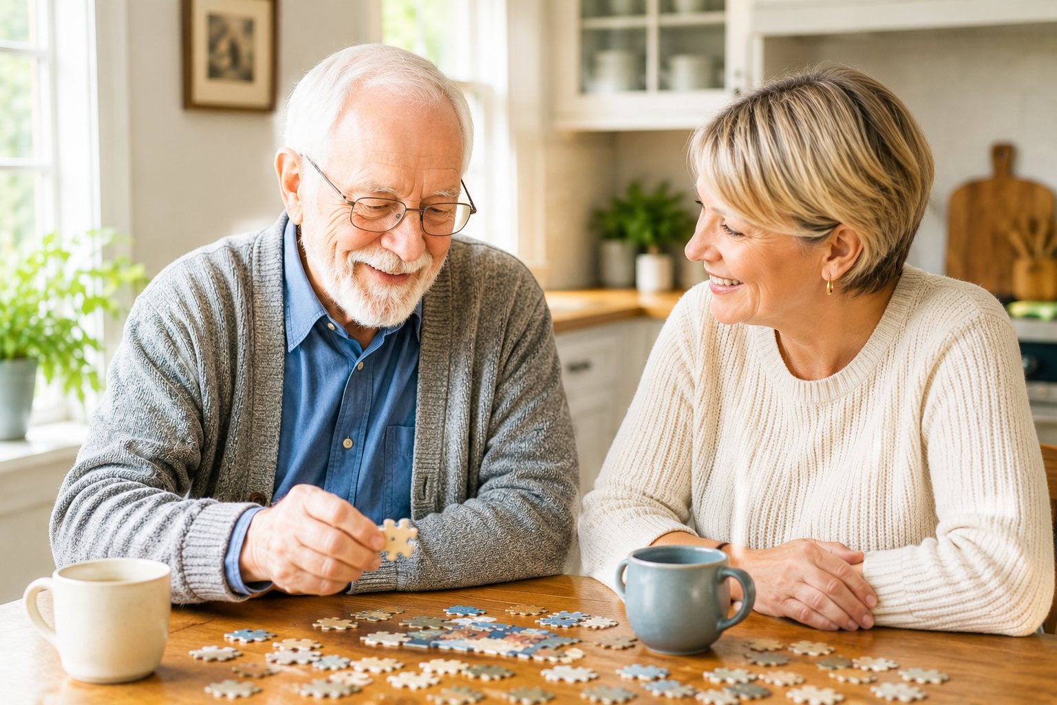 Caregiver and senior working on a puzzle together at the kitchen table