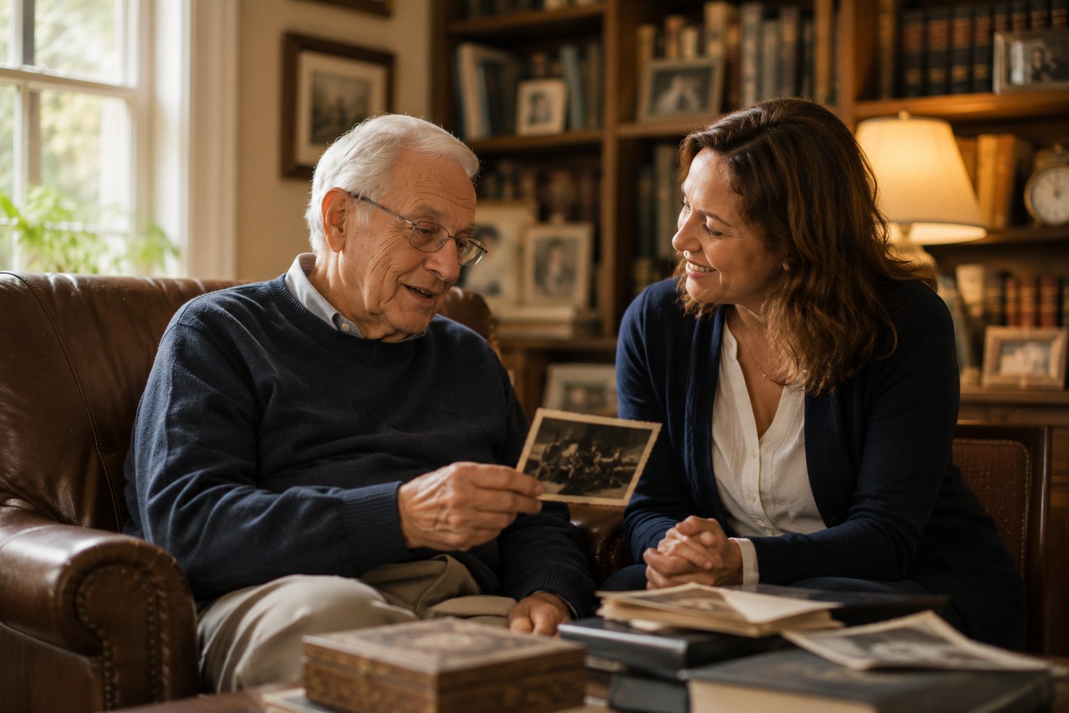 Caregiver and senior looking through an old photo album together