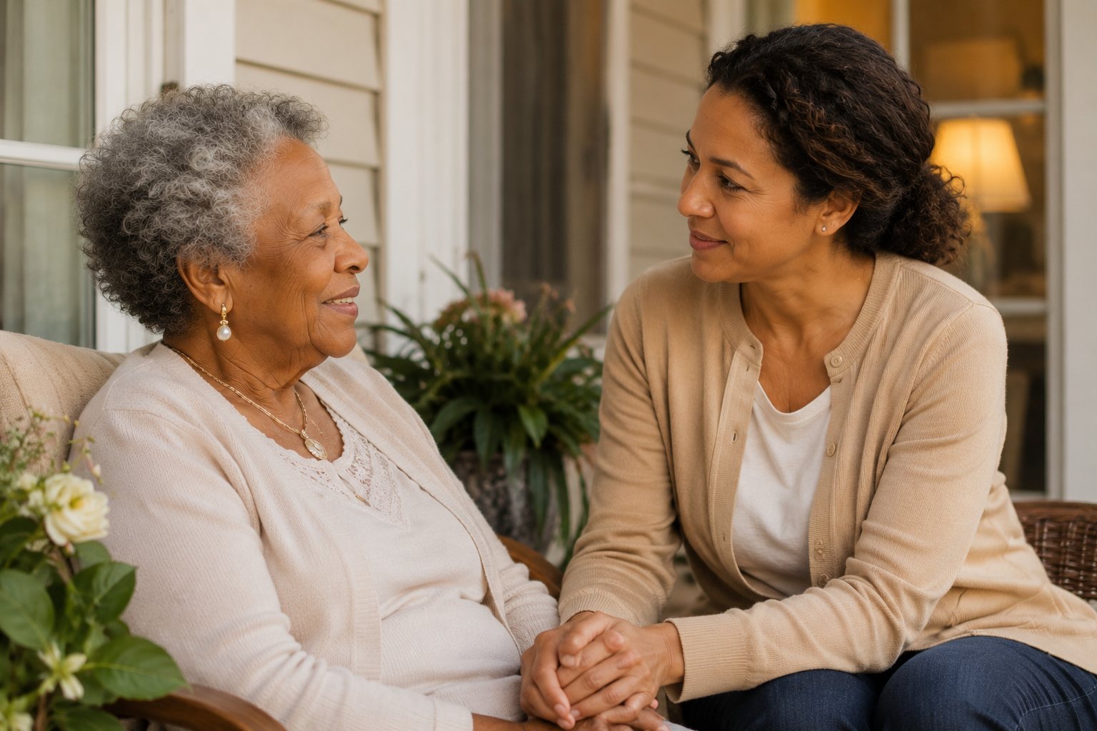Caregiver gently holding a senior woman's hands on the porch
