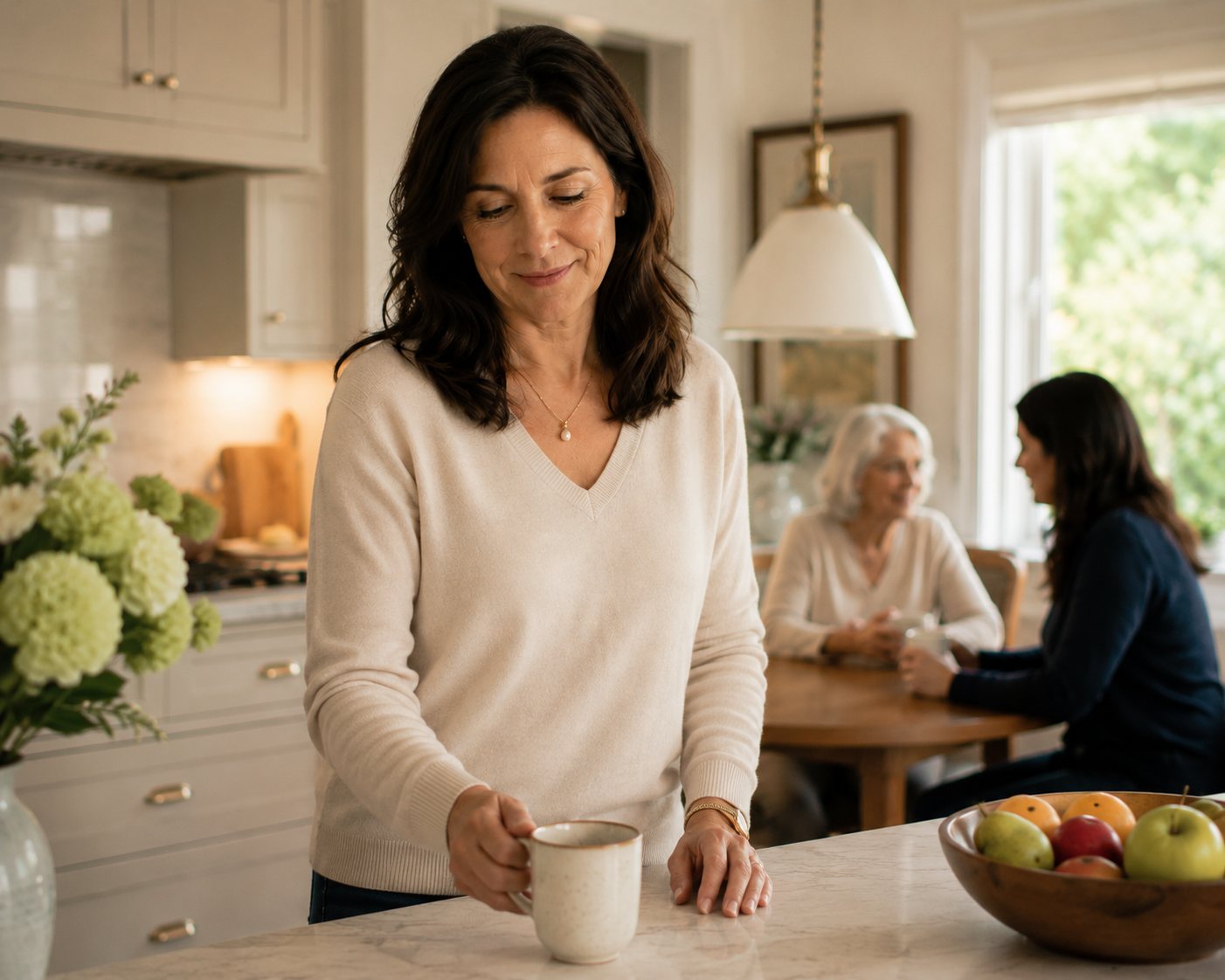 Adult daughter pausing with coffee while a caregiver visits with her mother