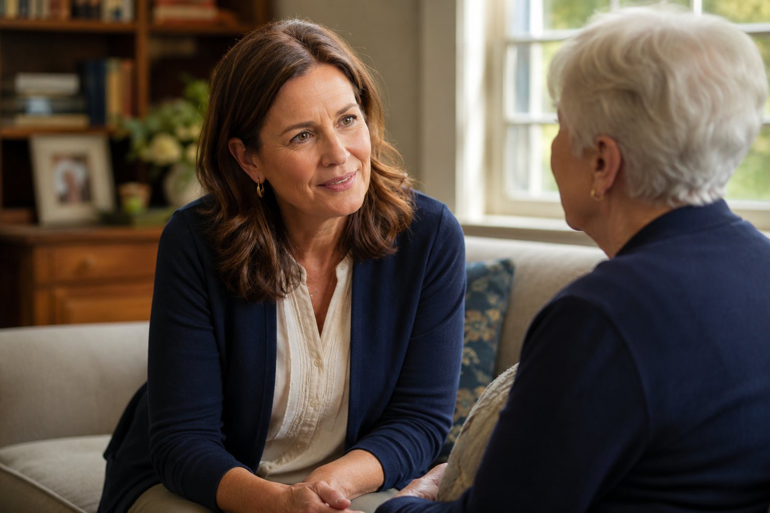 Caregiver in conversation with a senior woman at home