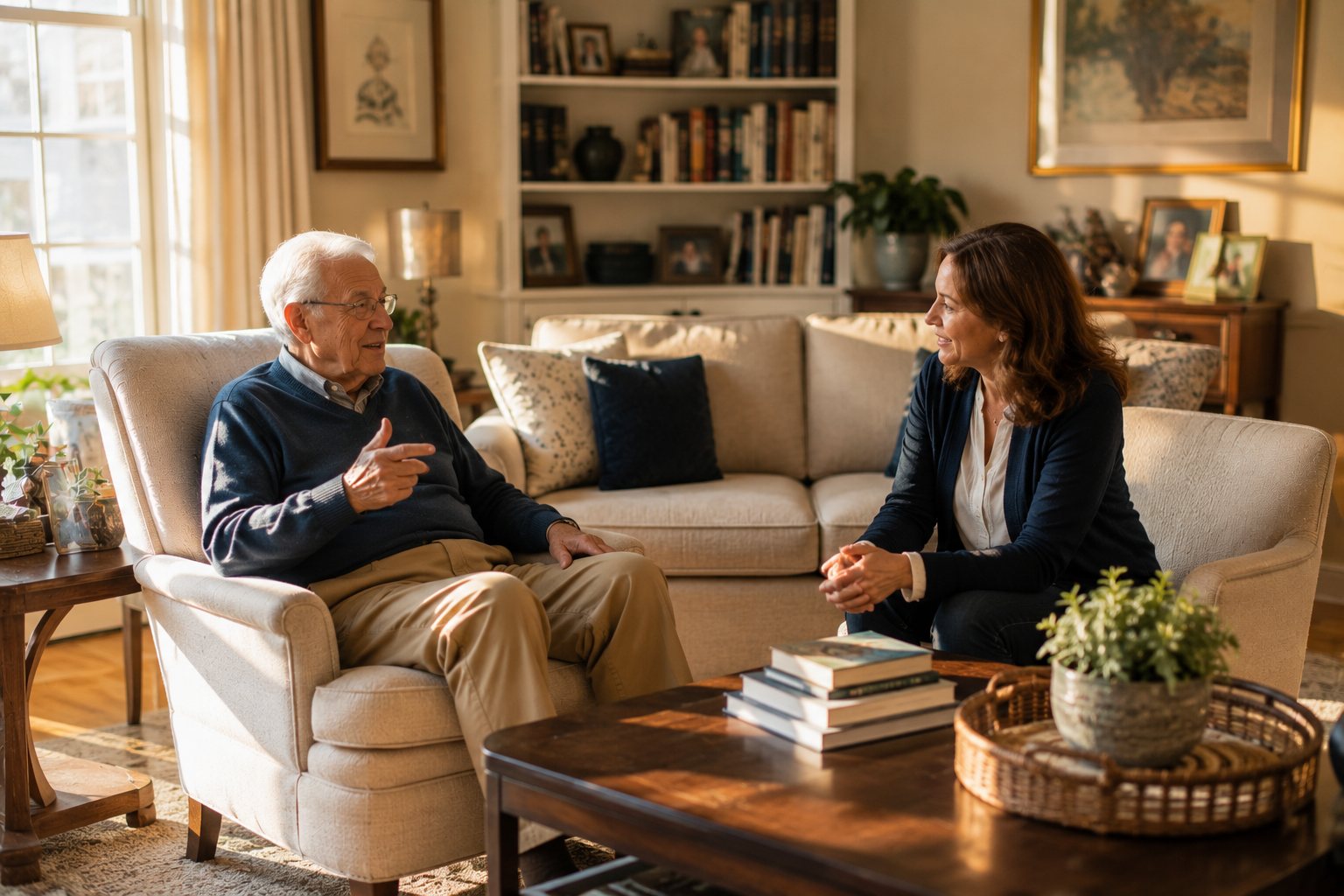 Care coordinator talking through a plan with a senior man at home